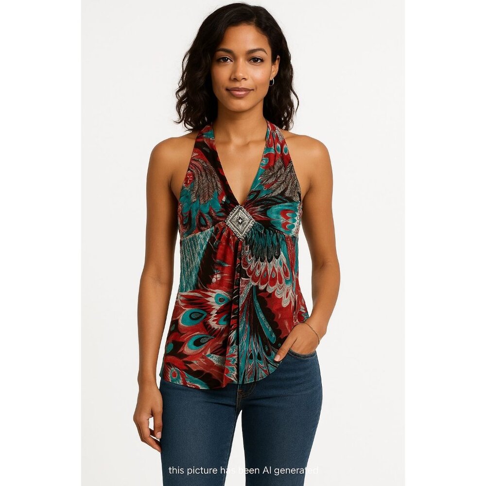 Jaloux Zalu Halter Top Multi Silk Blend Boho Jewel Detail Size M
